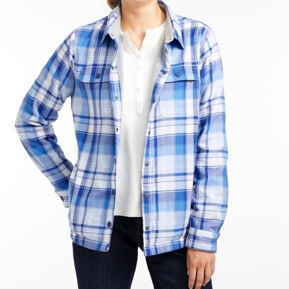 L.L. Bean Women's Fleece-Lined Flannel Shirt Snap-Front Plaid Blue Capri Size S - Picture 1 of 12